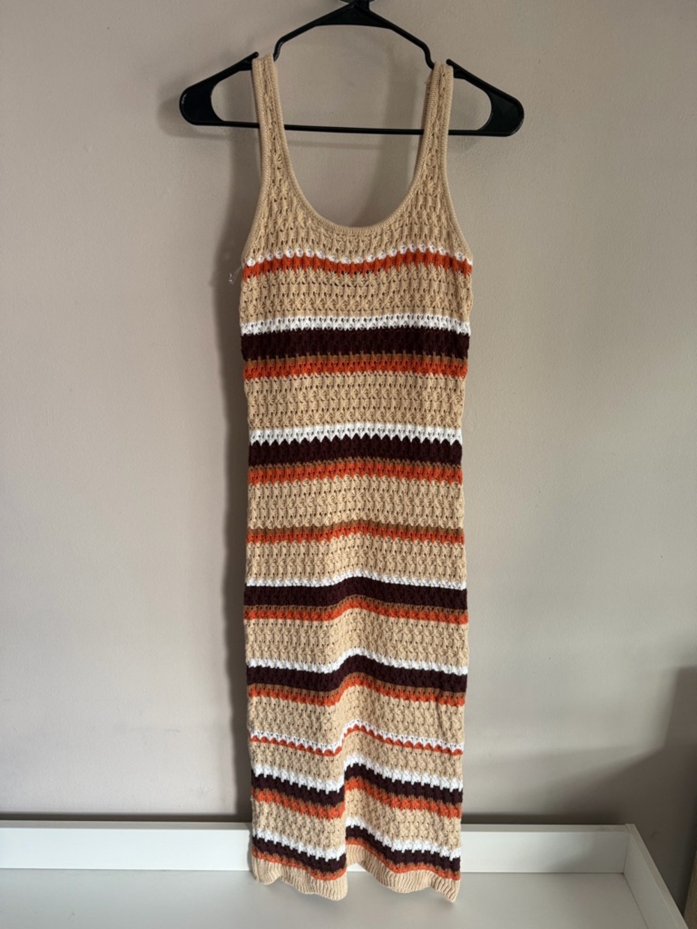 Paper Heart Crochet Midi Dress Womens Medium Striped Sleeveless Boho Tan Orange